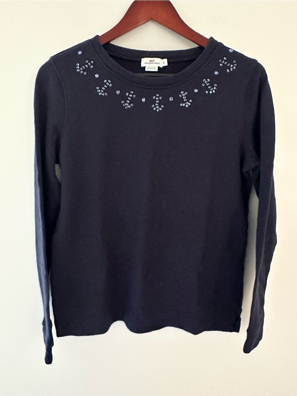 Vineyard Vines Navy Beaded Anchor Crystal-Trim Crewneck 100% Cotton Sweatshirt